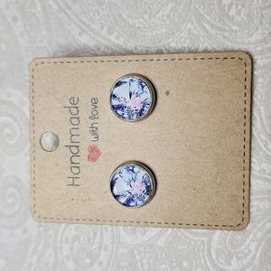 HANDMADE Tropical Floral Hawaiian print, white pink blue stud 12mm earrings, NWT